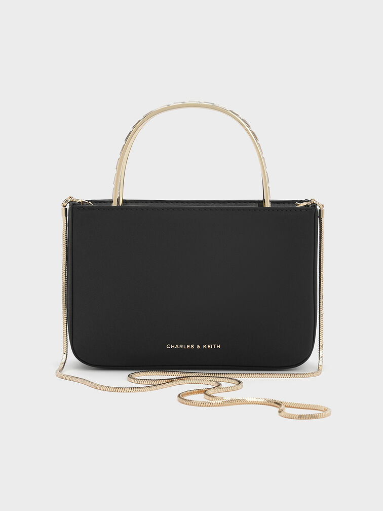 Satin Crystal-Embellished Top Handle Bag, Black, hi-res