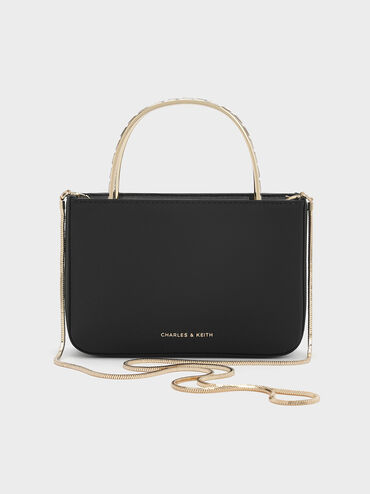 Satin Crystal-Embellished Top Handle Bag, Black, hi-res