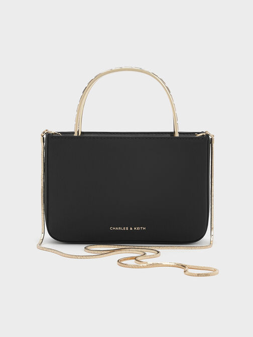 Satin Crystal-Embellished Top Handle Bag, Black, hi-res