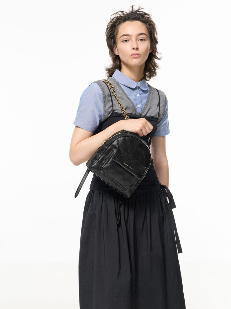 Alva Quilted Front-Pocket Backpack, Black, hi-res