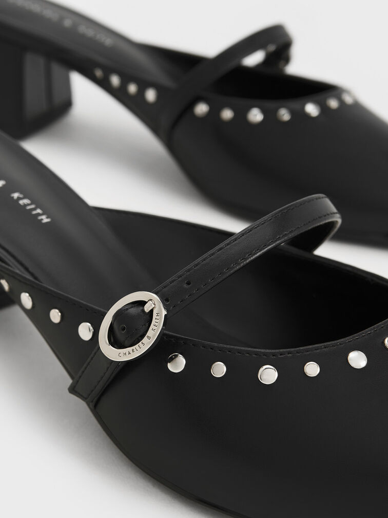 Studded Pointed-Toe Block Heel Mules, Black, hi-res
