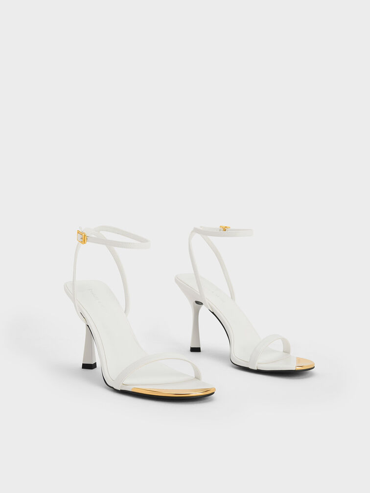 Metallic Cap Ankle-Strap Heeled Sandals, White, hi-res