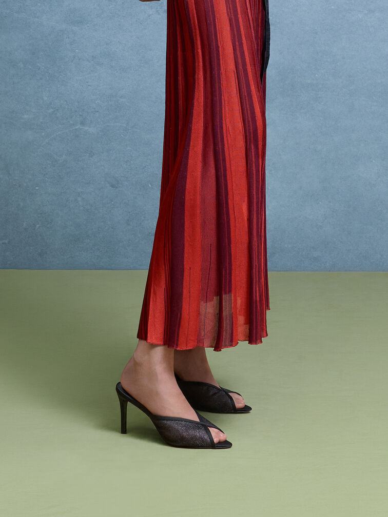 Glittered Mesh Peep-Toe Heeled Mules, Black Textured, hi-res