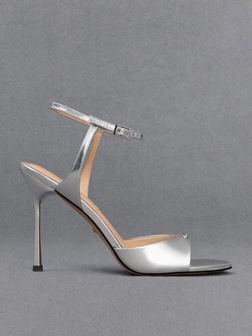 Metallic Leather Ankle-Strap Pumps, Silver, hi-res