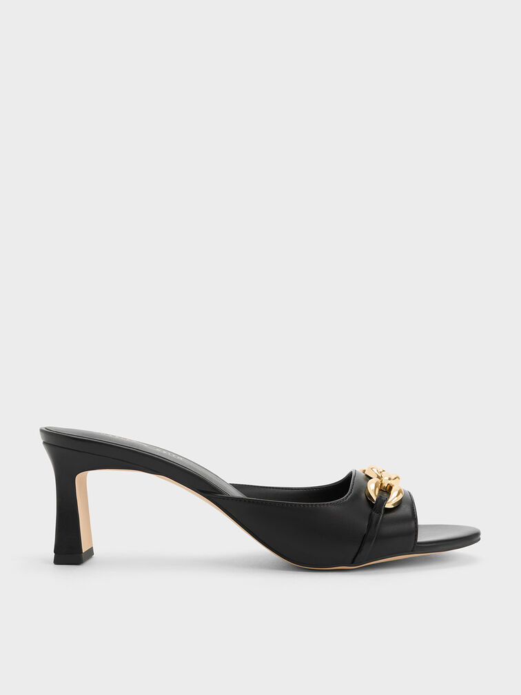 Chunky Chain-Link Heeled Mules, Black, hi-res