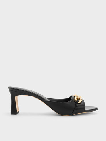 Chunky Chain-Link Heeled Mules, Black, hi-res
