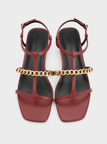 T-Bar Chain-Link Sandals, Red, hi-res