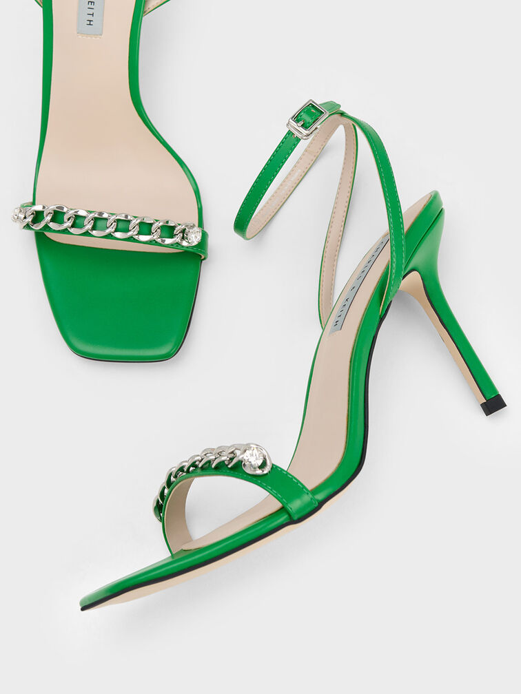 Chain-Embellished Ankle Strap Sandals, Green, hi-res