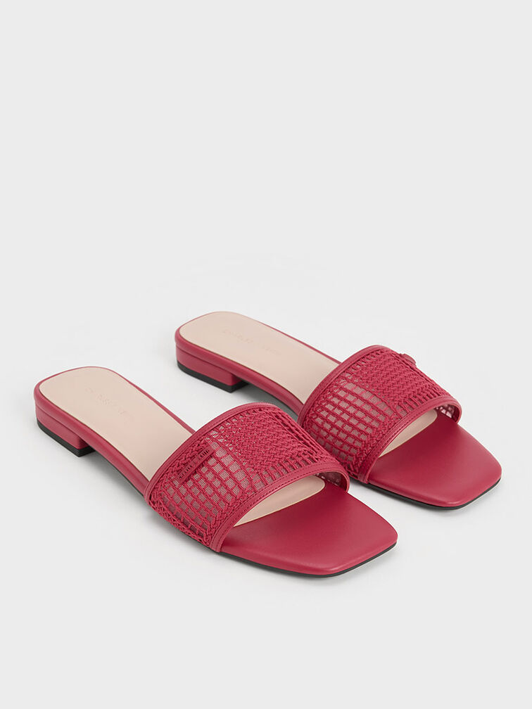 Mesh Knitted Slide Sandals, Red, hi-res