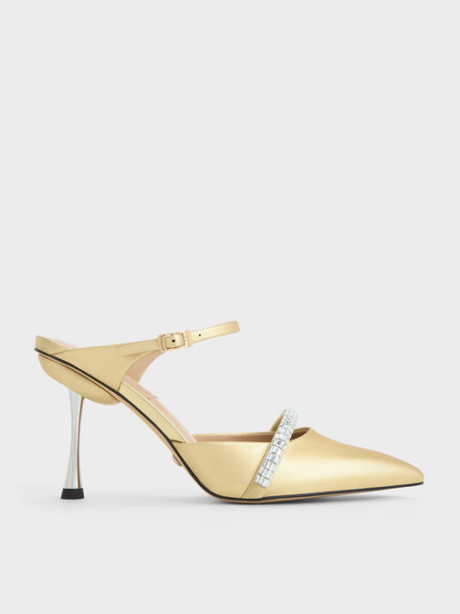 Demi Leather Gem-Embellished Heeled Mules, Gold, hi-res