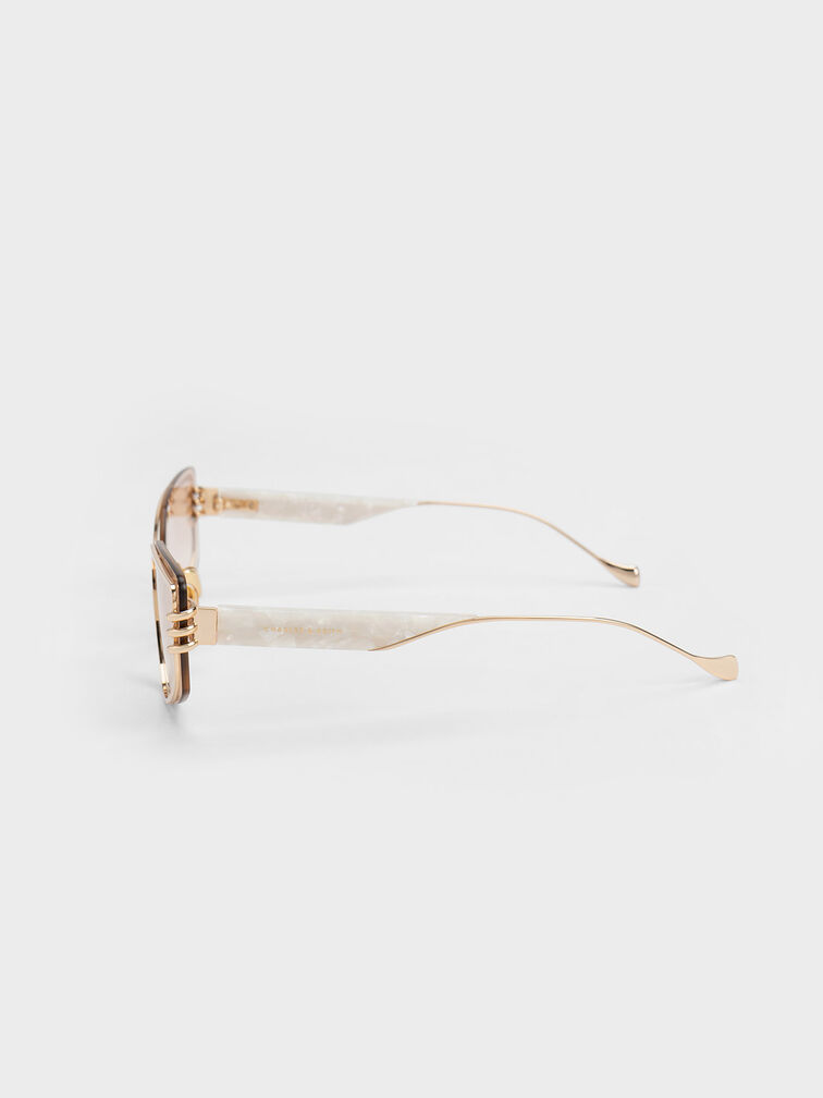 Metallic-Rimmed Geometric Sunglasses, Cream, hi-res