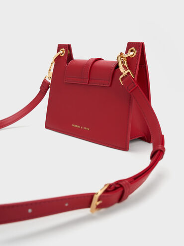 Belted Front Flap Shoulder Bag, Red, hi-res