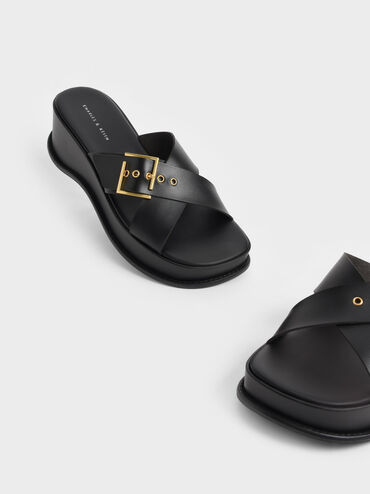 Buckled Crossover Curved Platform Sandals, Black, hi-res