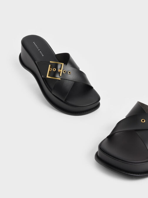 Buckled Crossover Curved Platform Sandals, Black, hi-res