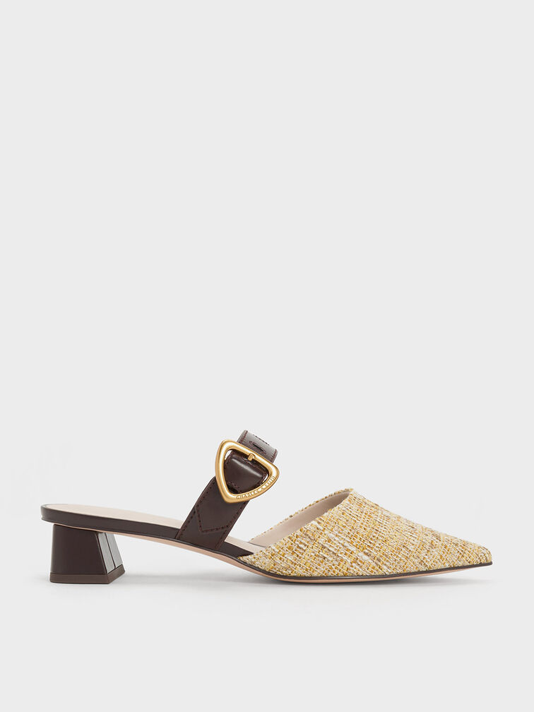 Sepphe Metallic Buckle Pointed-Toe Heeled Mules, Yellow, hi-res