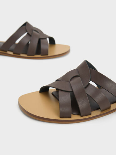 Interwoven Slide Sandals, Brown, hi-res