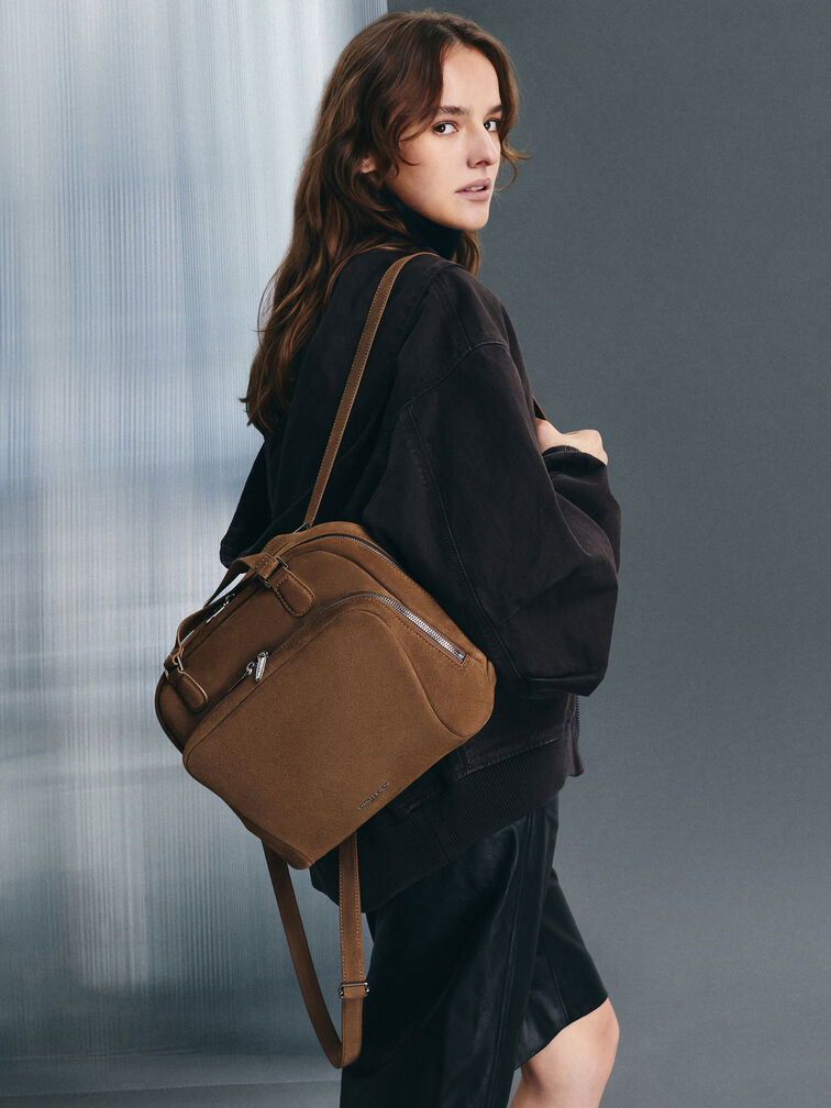 Nelly Recycled Suede Front-Pocket Boxy Backpack, Mocha Brown, hi-res