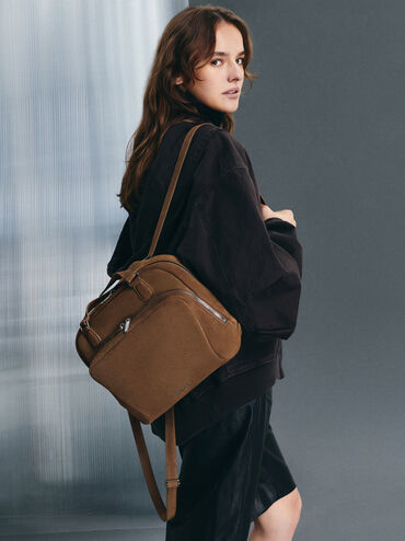 Nelly Recycled Suede Boxy Backpack, Mocha Brown, hi-res