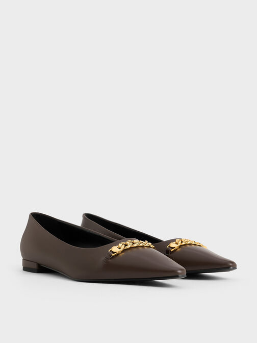 Chain-Link Pointed-Toe Ballet Flats, Brown, hi-res