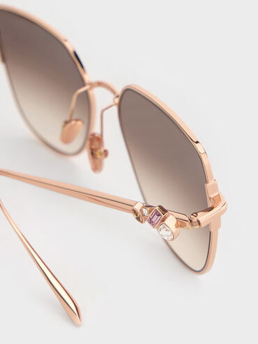 Crystal-Embellished Metal-Rim Butterfly Sunglasses, Rose Gold, hi-res