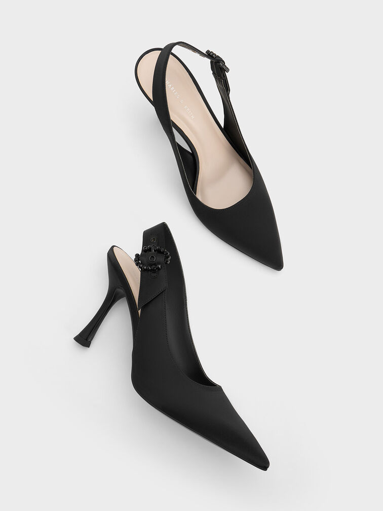 Embellished Recycled Polyester Slingback Pumps, Black, hi-res