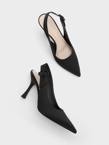 Embellished Recycled Polyester Slingback Pumps, Black, hi-res