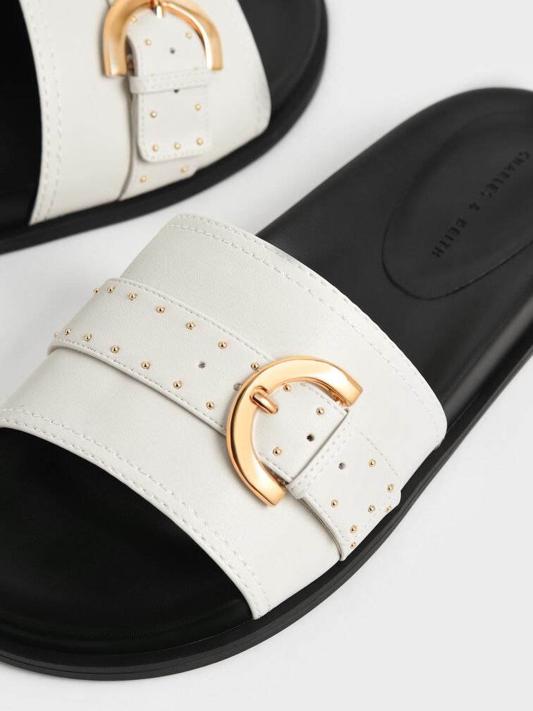Studded Buckle Slide Sandals, Chalk, hi-res
