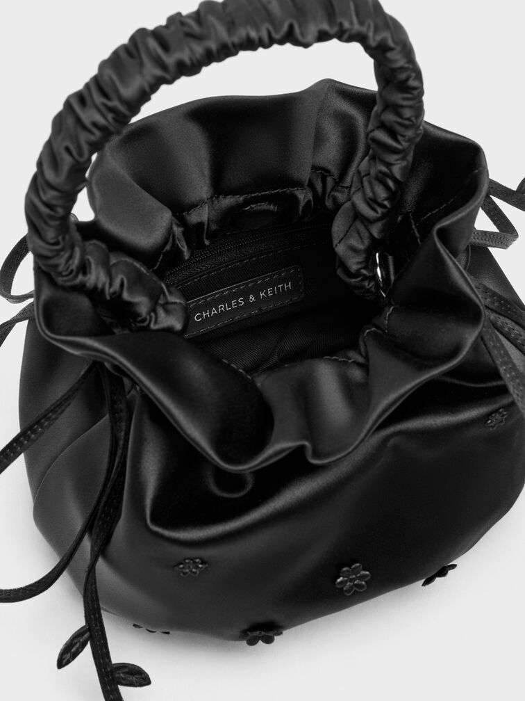 Mabel Satin Floral-Vine Bucket Bag, Noir, hi-res