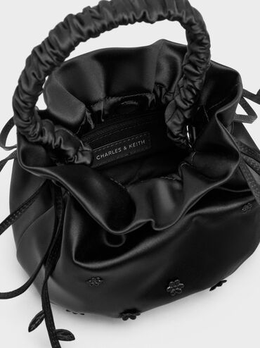 Mabel Satin Floral-Vine Bucket Bag, Noir, hi-res