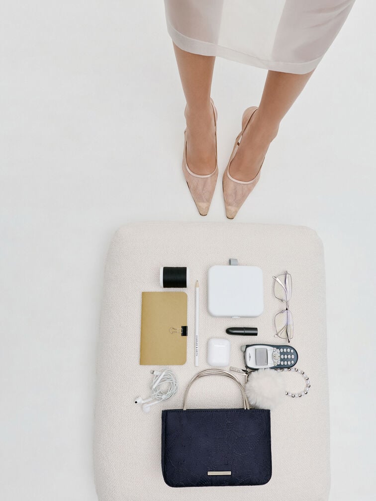 Jennis Lace & Satin Top Handle Bag, Dark Blue Textured, hi-res