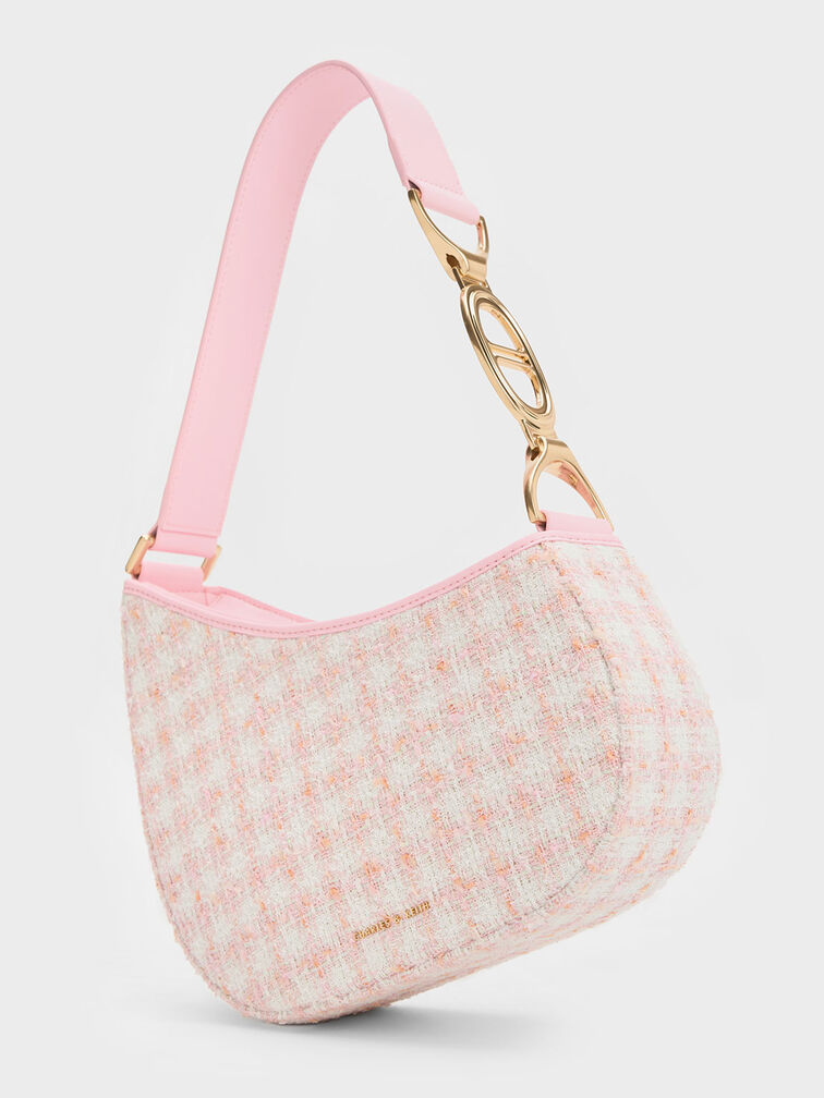 Tweed Asymmetrical Shoulder Bag, Pink, hi-res