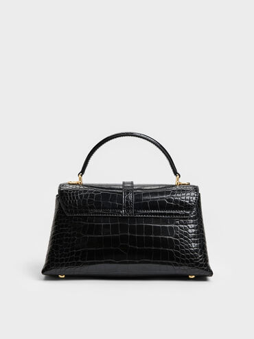 Adalyn Croc-Effect Metallic-Buckle Chain-Strap Top Handle Bag, Black Croco, hi-res