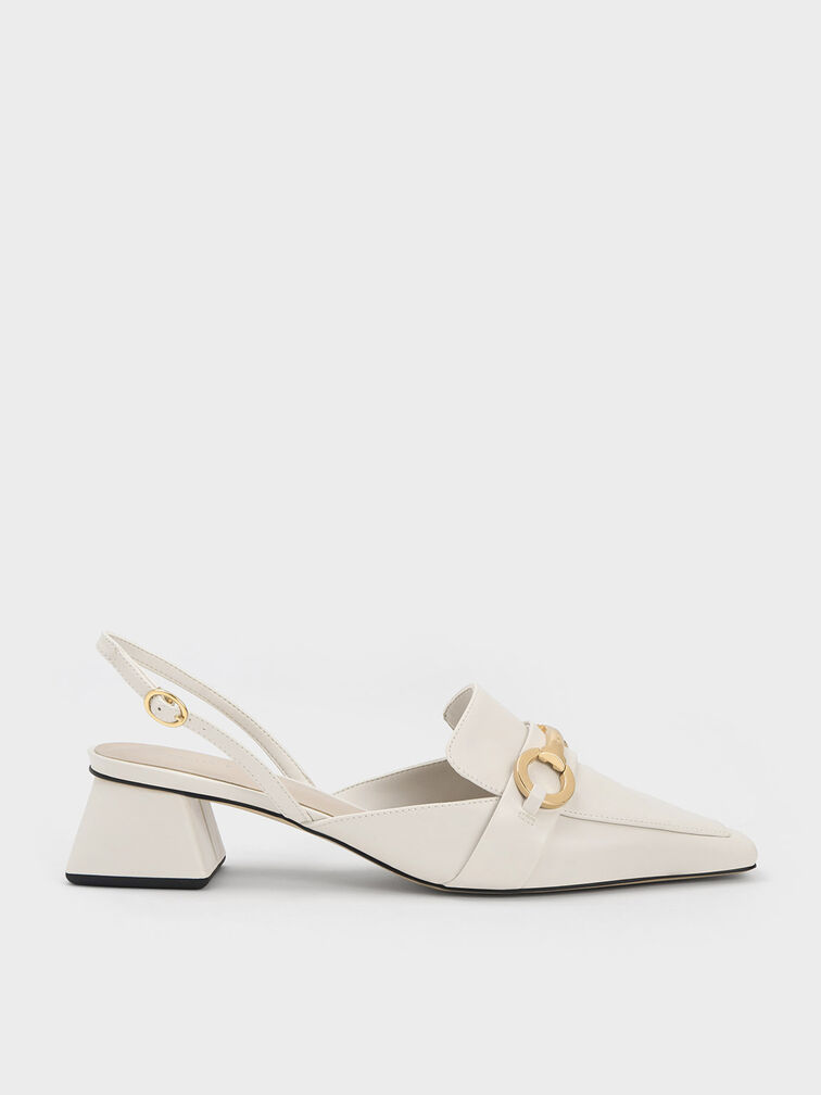 Metallic Bar Slingback Pumps, White, hi-res