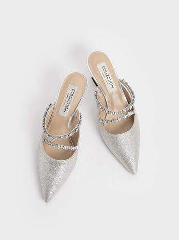Wedding Collection: Gem-Encrusted Metallic Glittered Mules, Silver, hi-res