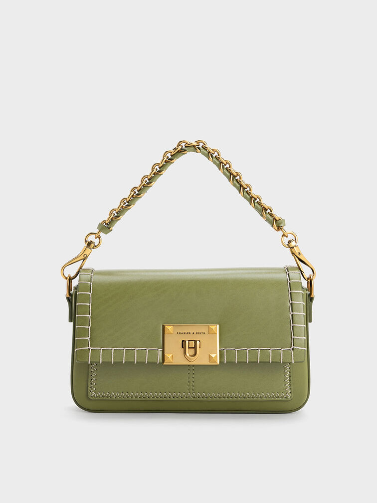 Circe Stitch-Trim Top Handle Bag, Olive, hi-res
