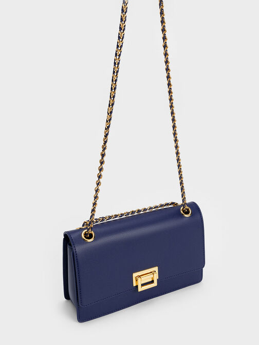 Metallic Accent Front Flap Bag, Navy, hi-res