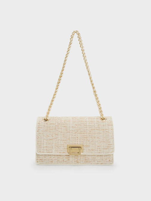 Metallic Push-Lock Tweed Bag, White, hi-res