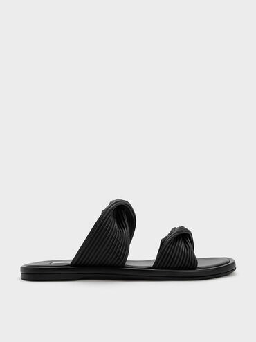 Pleated Twist Strap Slides, Black, hi-res