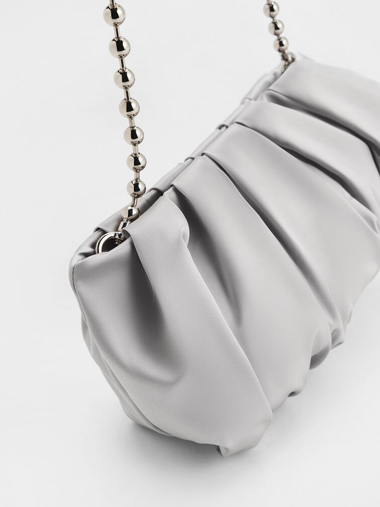 Satin Ruched Bead-Handle Bag, Silver, hi-res