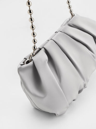 Satin Ruched Bead-Handle Bag, Silver, hi-res