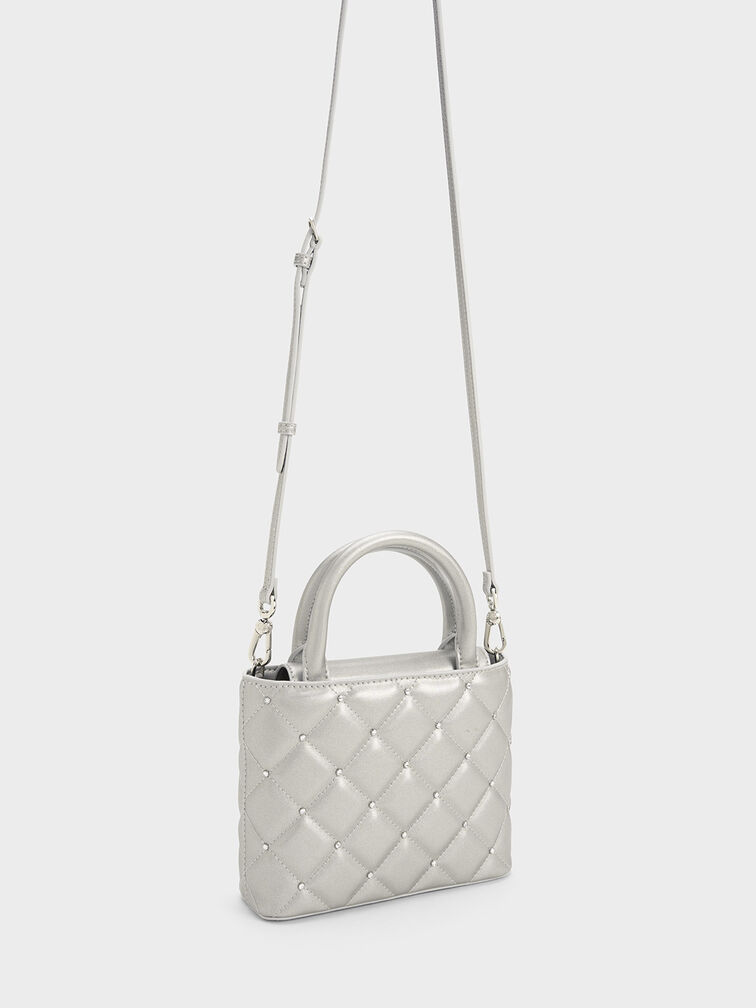 Gem-Embellished Padded Tote Bag, Silver, hi-res