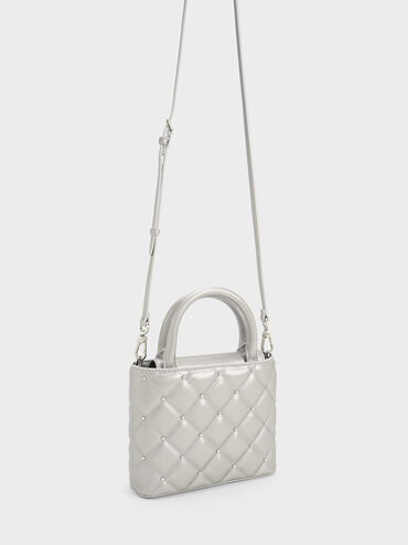 Gem-Embellished Padded Tote Bag, Silver, hi-res