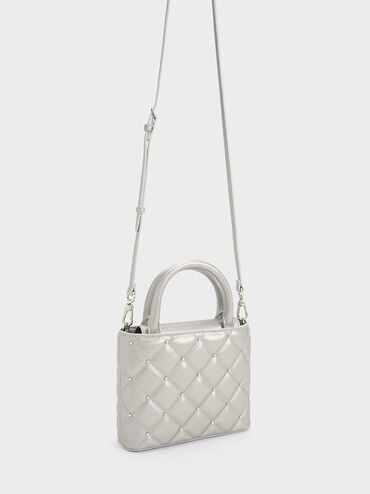 Gem-Embellished Padded Tote Bag, Silver, hi-res