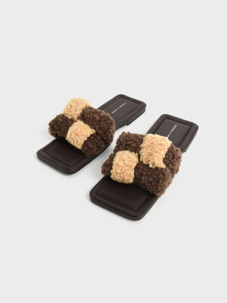 Furry Interwoven Strap Slides, Dark Brown, hi-res