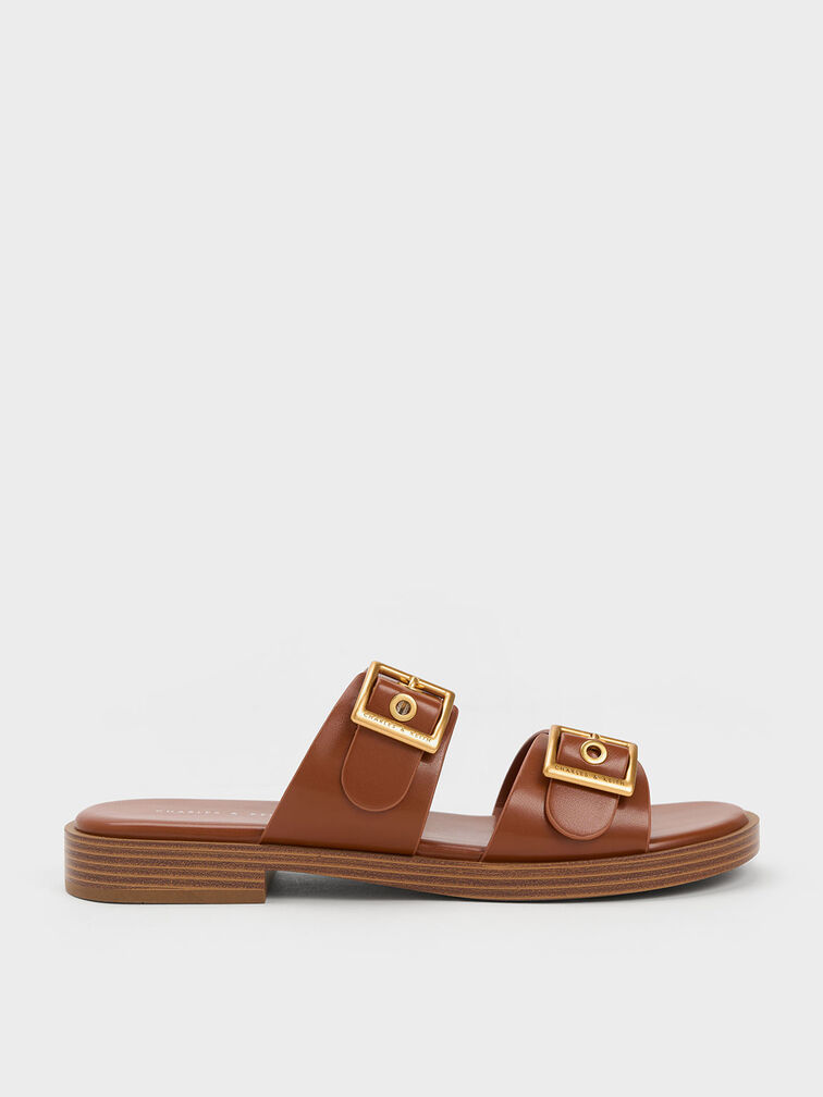 Buckled Double Strap Slide Sandals, Cognac, hi-res