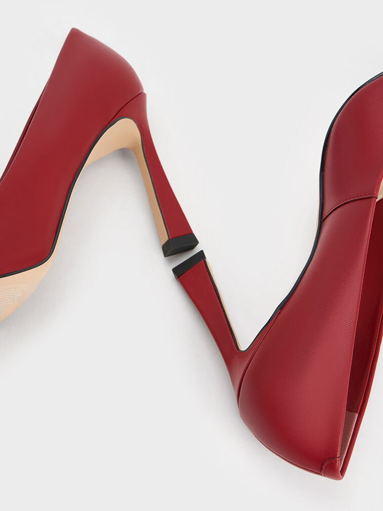 Pointed-Toe Trapeze-Heel Pumps, Red, hi-res