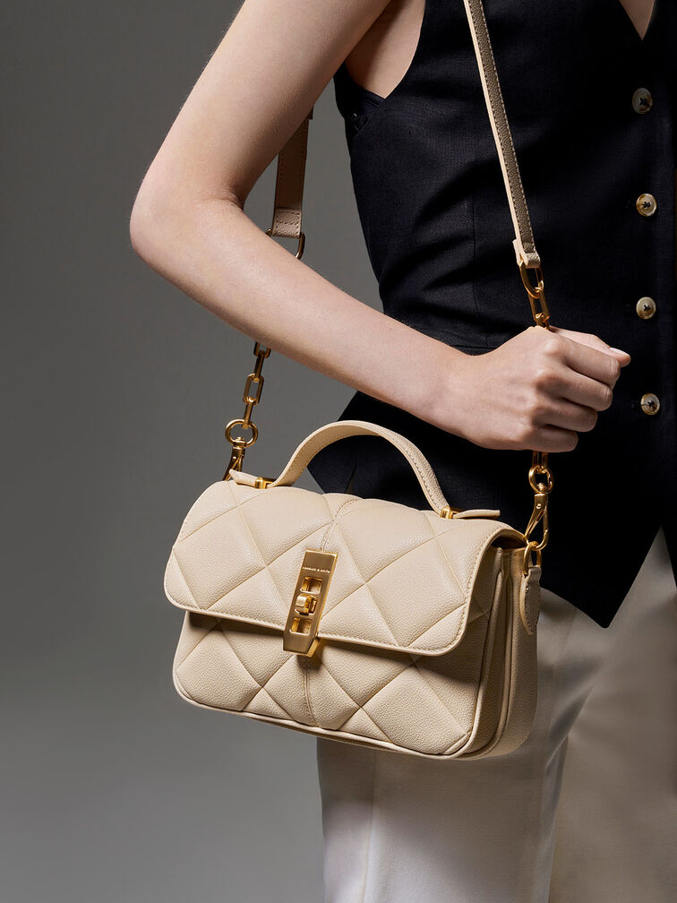 Anwen Quilted Top Handle Bag, Beige, hi-res