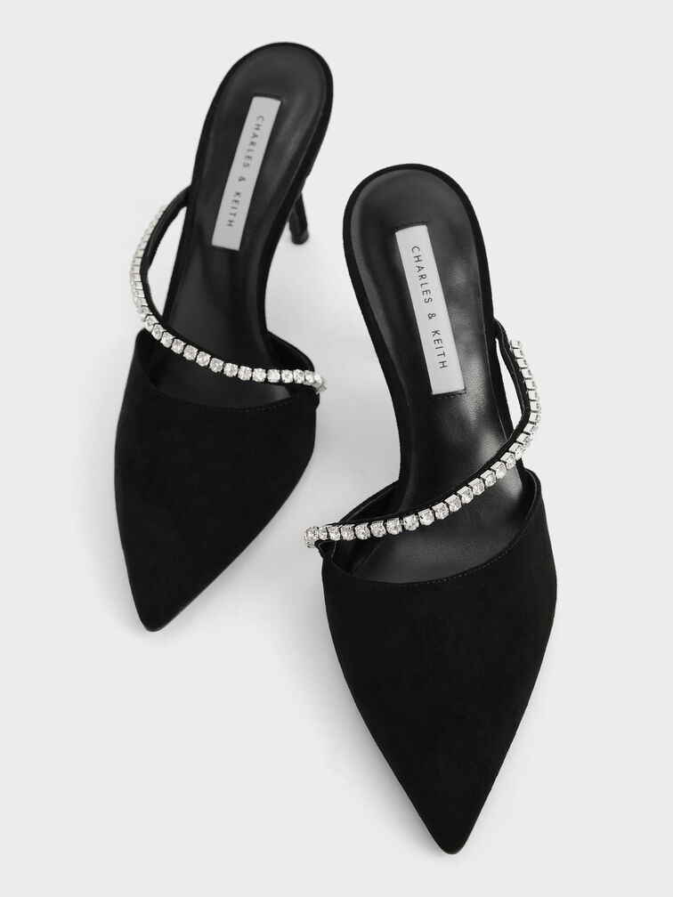 Gem-Encrusted Textured Stiletto Mules, Black, hi-res
