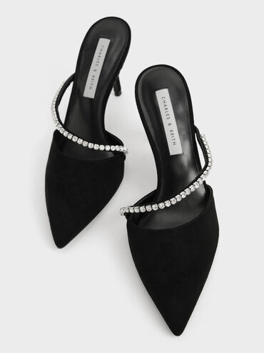 Gem-Encrusted Textured Stiletto Mules, Black, hi-res