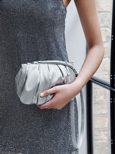 Satin Ruched Bead-Handle Bag, Silver, hi-res